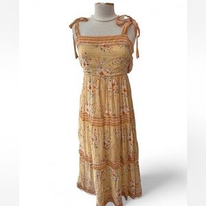 Sweet Wanderer Yellow Floral Stripe Tiered Maxi Dress L Smocked Tie